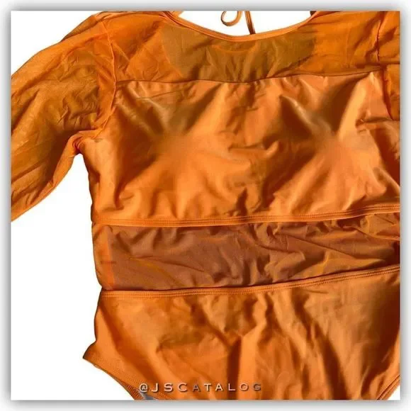 NEW Plus Size Solid Orange Long Sleeves One Piece Swimsuit - Size 3XL